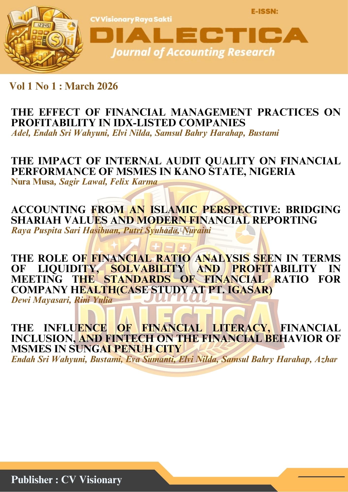 					View Vol. 1 No. 1 (2026): Dialectica : Journal of Accounting Research
				